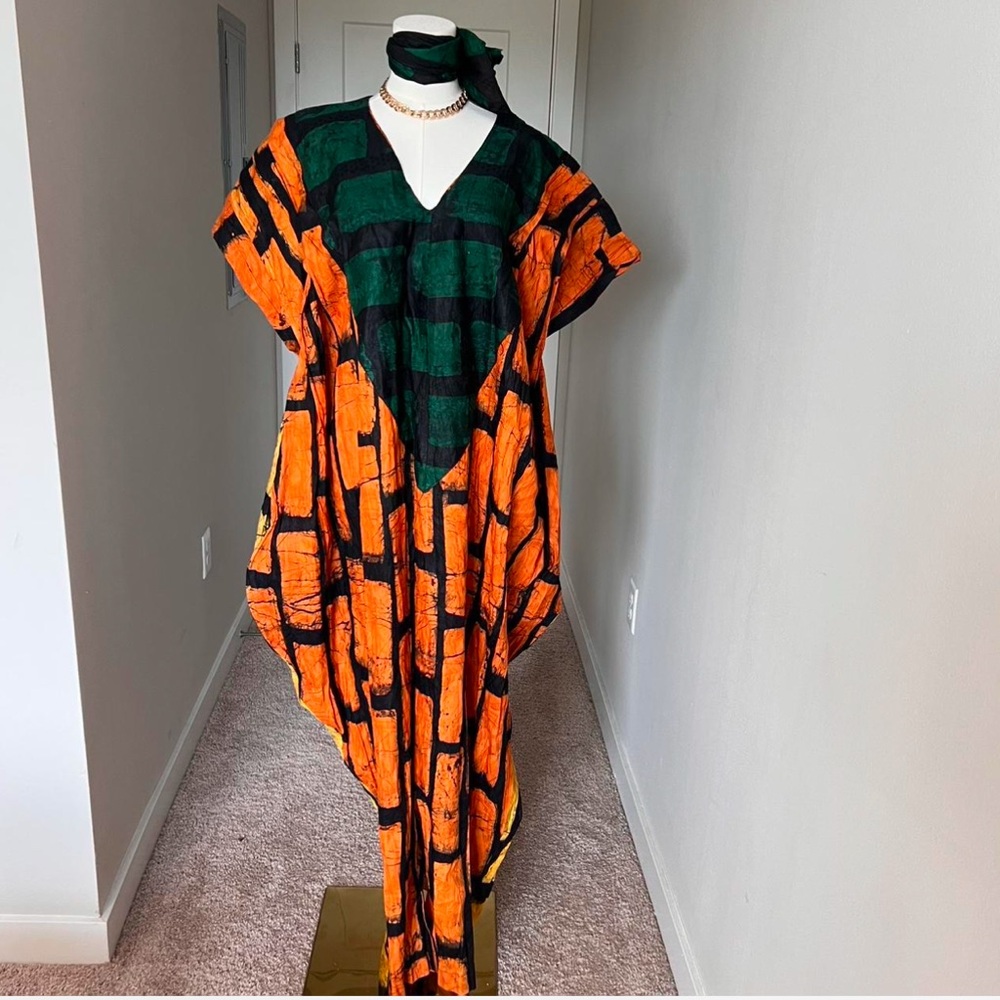 Vibrant Orange and Green Kaftan Dress